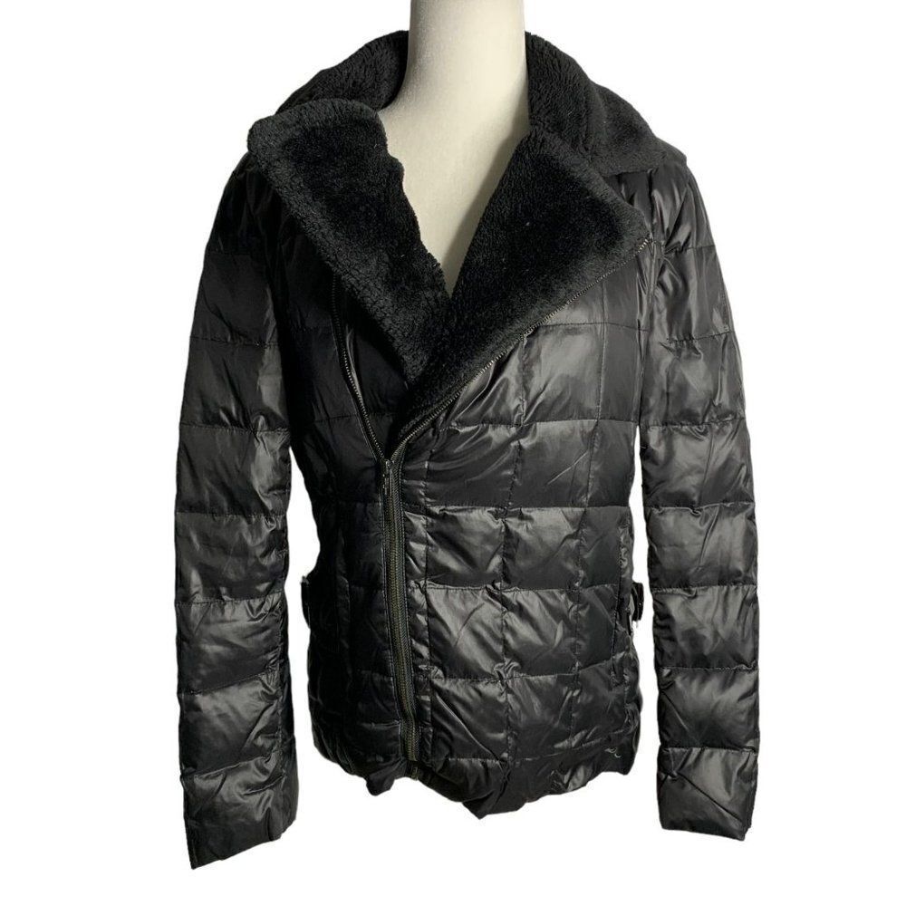 G Karnnon Down Feather Jacket M Black Asymmetrical Zip Pockets Faux Fur Collar